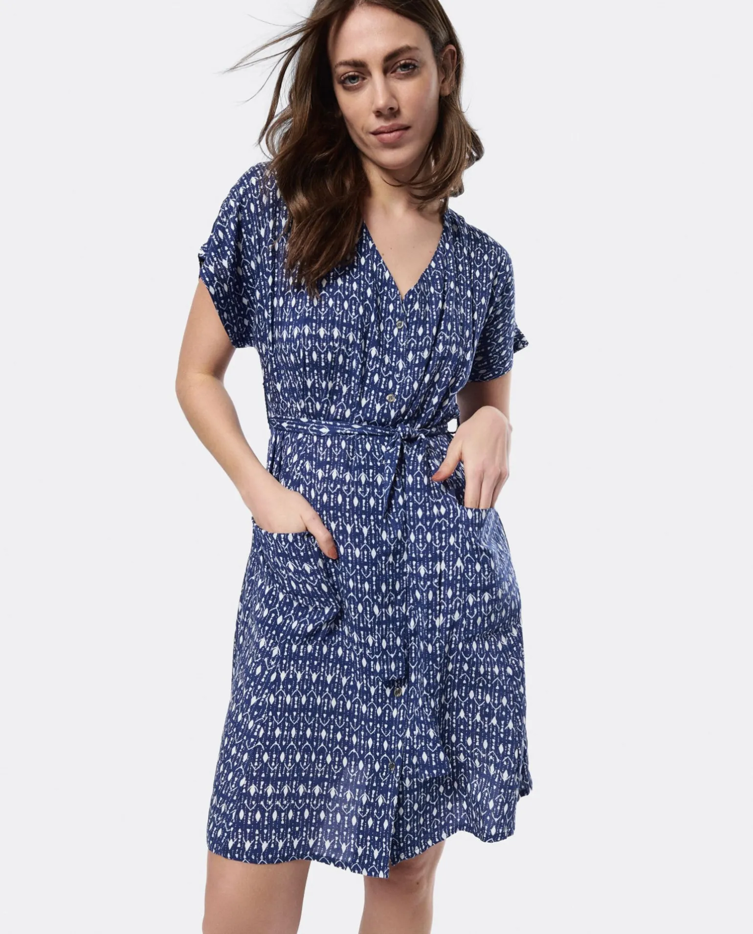Vestido Mini Anudado Viscosa Geometrico Azul