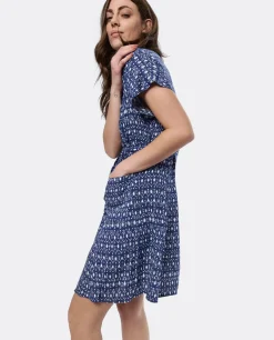 Vestido Mini Anudado Viscosa Geometrico Azul