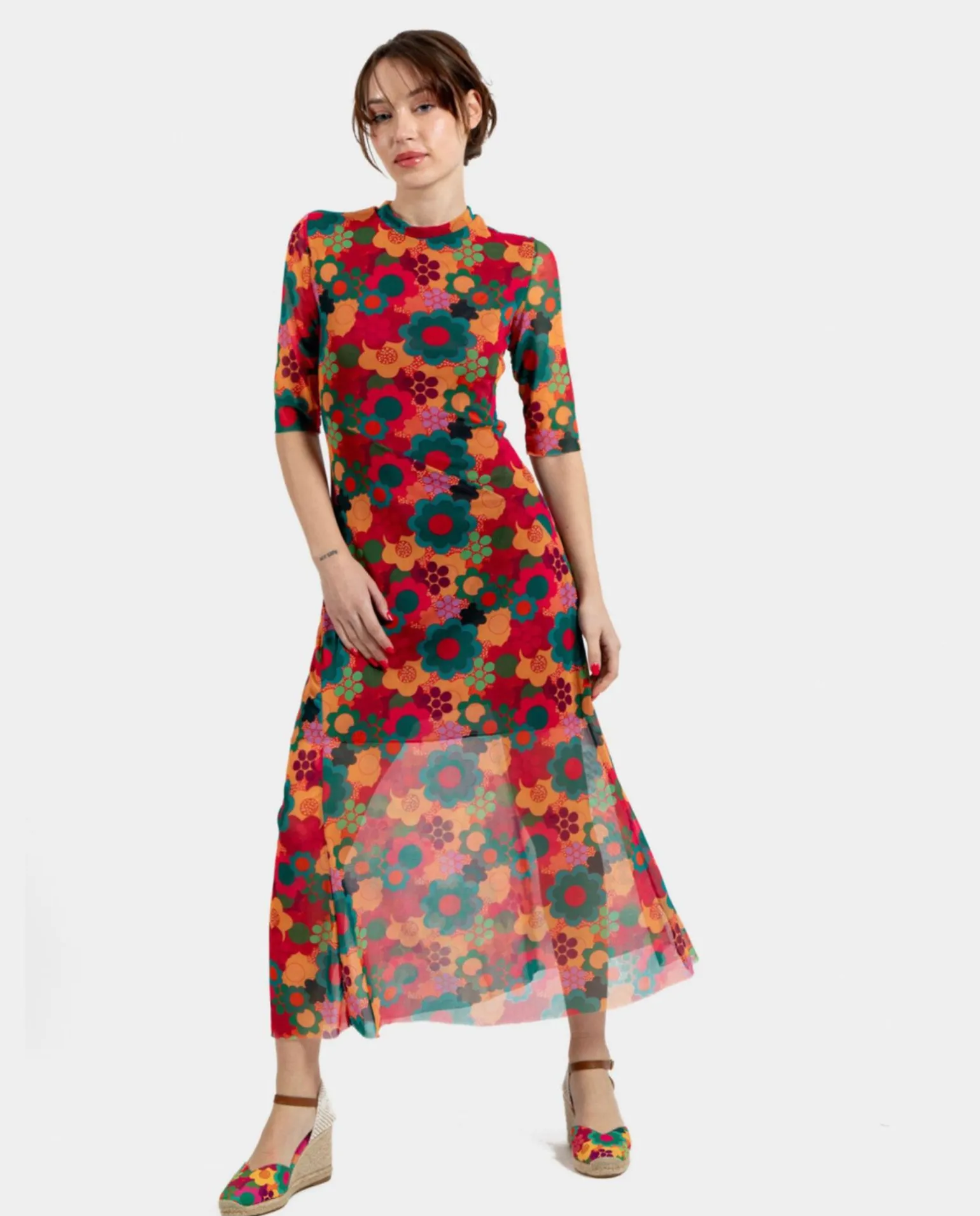 Vestido Tul Manga Corta Tul Estampado Flores