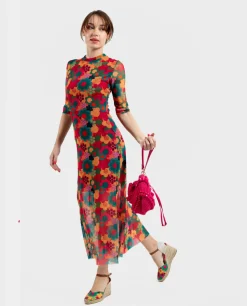 Vestido Tul Manga Corta Tul Estampado Flores